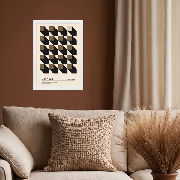 Quadro Bauhaus Marrom E Preto - Cubos 33x24cm Moldura Preta