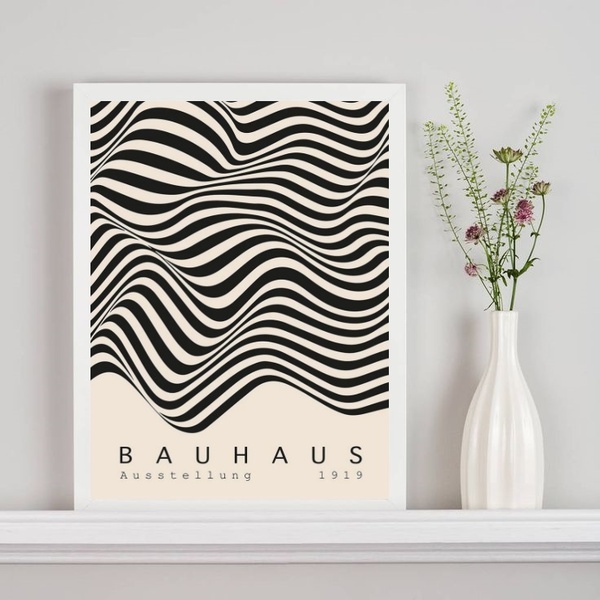 Quadro Bauhaus Ondas Bege Com Preto 45x34cm - Com Vidro Moldu