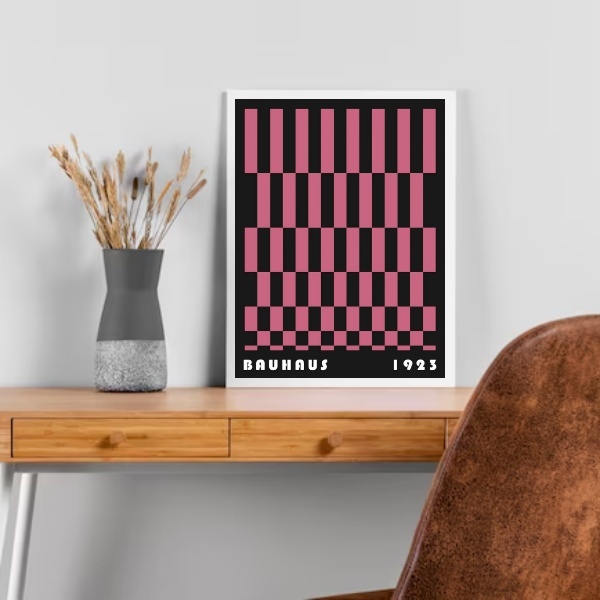 Quadro Bauhaus Pink Black- Rolled Rectangles 45x34cm - Com Vi