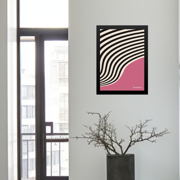 Quadro Bauhaus Rosa E Preto - Curvas 45x34cm - Com Vidro Mold