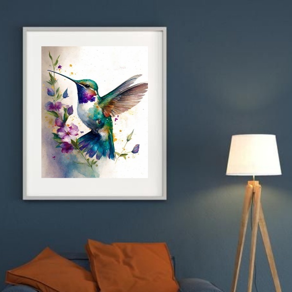 Quadro Beija-flor Aquarela - 60x48cm Moldura:madeira Branca