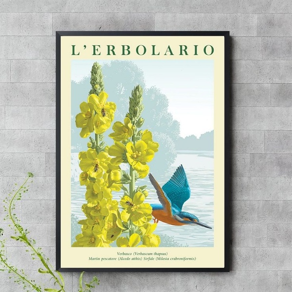 Quadro Beija-flor Azul Flores Amarelas 33x24cm Moldura Preta