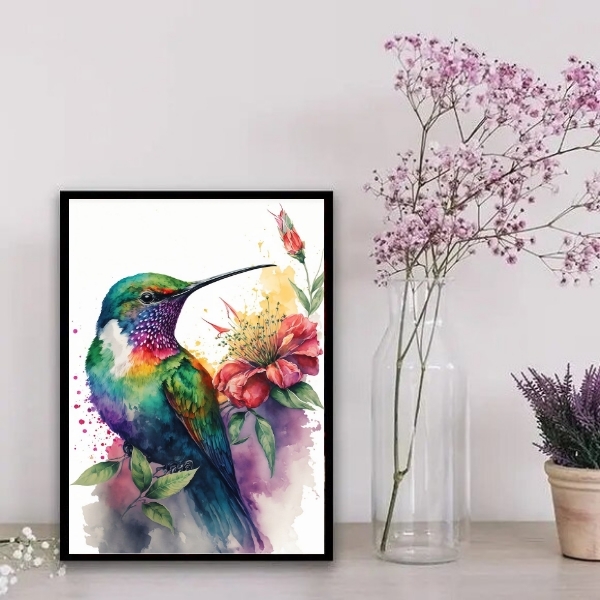 Quadro Beija-flor Colorido Aquarela 45x34cm Moldura:madeira B