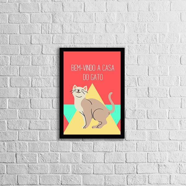 Quadro Bem Vindo A Casa Do Gato 24x18cm - Com Vidro Moldura:m