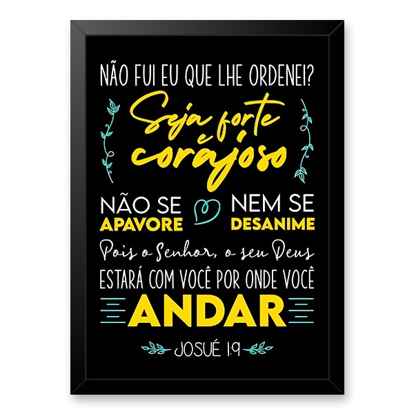 Quadro Bíblico Seja Forte E Corajoso 24x18cm Moldura Preta