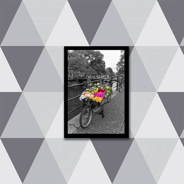 Quadro Bicicleta Com Flores Coloridas 24x18cm - Com Vidro Mol