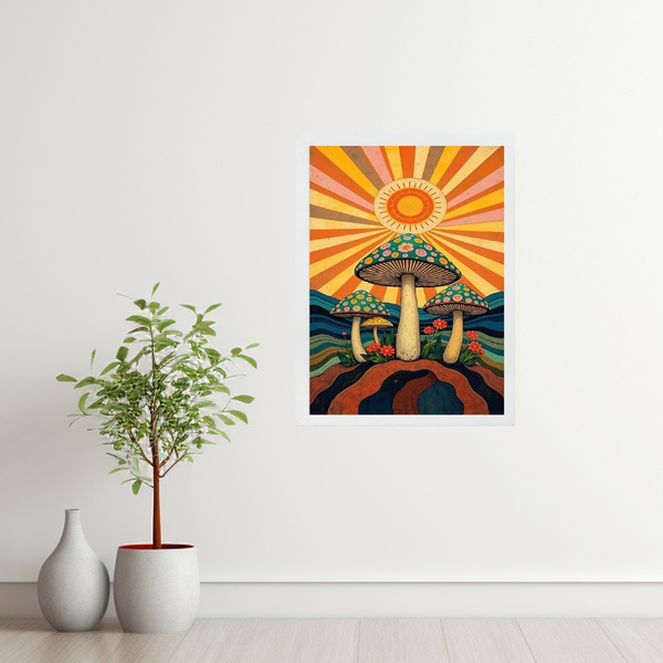 Quadro Boho Hippy Mushroom Sunrise 45x34cm - Com Vidro Moldur