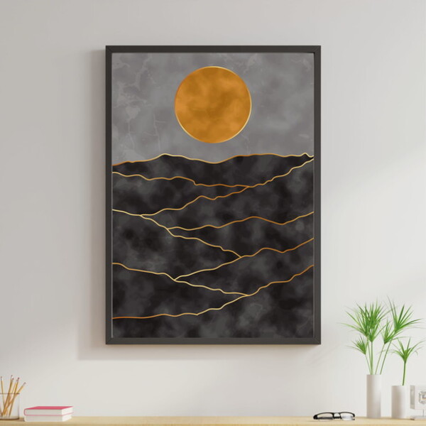 Quadro Boho Lua Preto E Dourado 60x40cm Moldura:madeira Branca