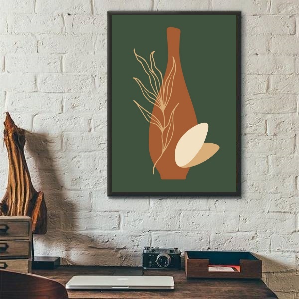 Quadro Boho Verde Musgo - Vaso 24x18cm - Com Vidro Moldura:ma