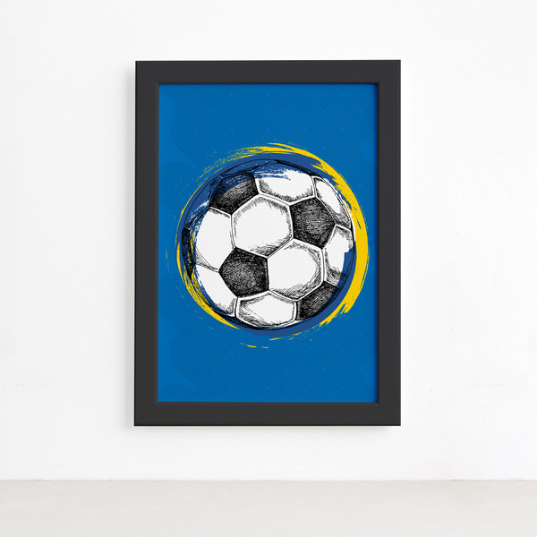 Quadro Bola de Futebol Fundo Azul 22x32 Moldura Preta