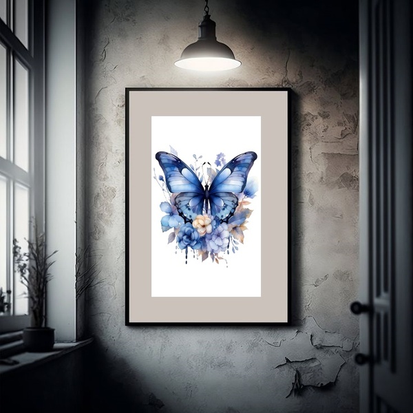 Quadro Borboleta Azul Aquarela - 60x48cm Moldura Branca