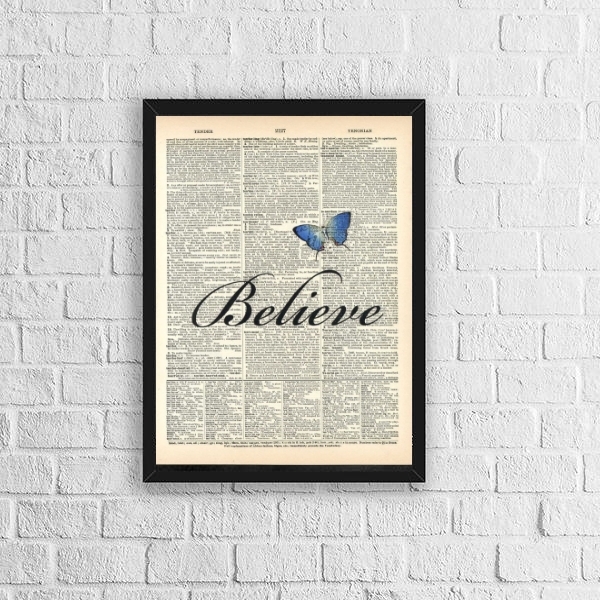 Quadro Borboleta Azul Believe 24x18cm Moldura:madeira Branca
