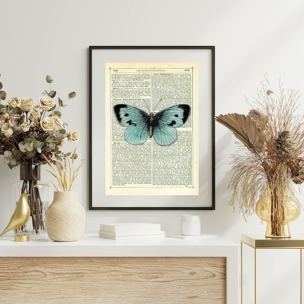 Quadro Borboleta Vintage Azul - 60x48cm Moldura:madeira Branca