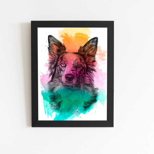 Quadro Border Collie Cachorro Cão Aquarela Moldura 30x40cm