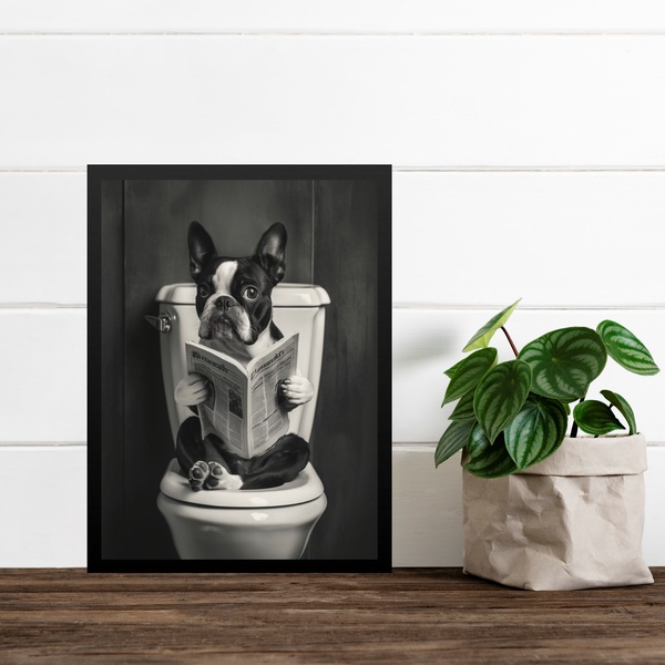 Quadro Boston Terrier No Banheiro Lendo Jornal 24x18cm - Com