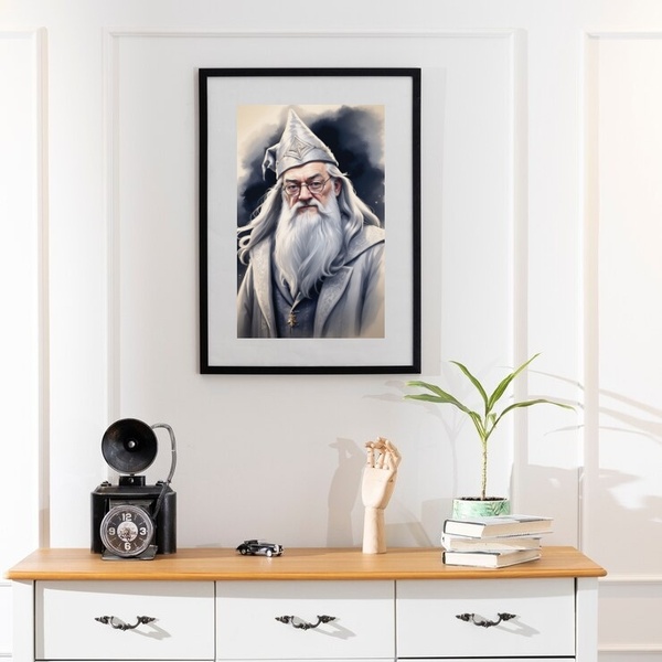 Quadro Bruxo Dumbledore - 60x48cm Moldura Branca