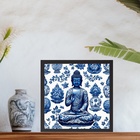 Quadro Buda Azul Estilo Azulejo Português - 33x33cm Moldura B