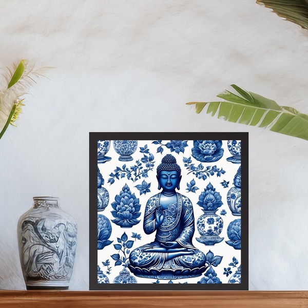 Quadro Buda Azul Estilo Azulejo Português - 33x33cm Moldura P