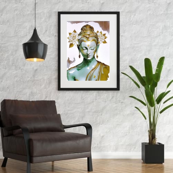 Quadro Buda Branco Com Dourado - 60x48cm Moldura:madeira Bran