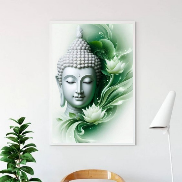 Quadro Buda Com Flor De Lotus - Verde 24x18cm - Com Vidro Mol