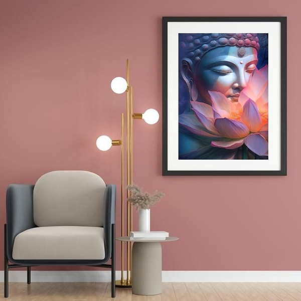 Quadro Buda Flor De Lotus - 60x48cm Moldura:madeira Preta