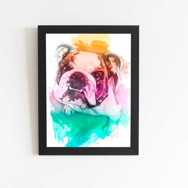 Quadro Buldogue Inglês Cachorro Aquarela Moldura 30x40cm