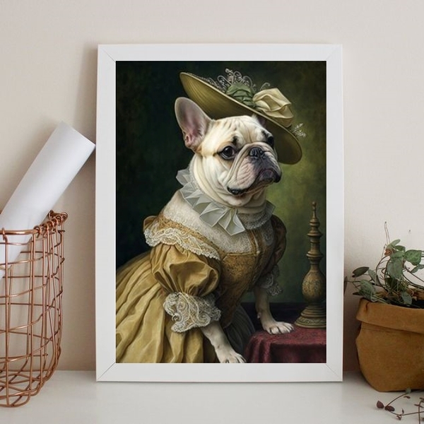 Quadro Bulldog Francês Branquinha - Lady 45x34cm - Com Vidro