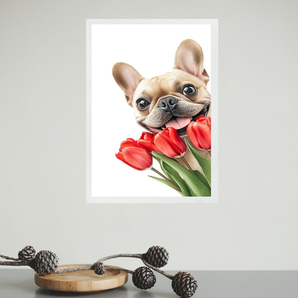 Quadro Bulldog Francês Com Flores Tulipas 33x24cm Moldura Bra