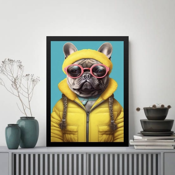 Quadro Bulldog Francês Humano - Óculos 45x34cm - Com Vidro Mo