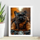 Quadro Bulldog Francês Motociclista 33x24cm - Com Vidro Moldu
