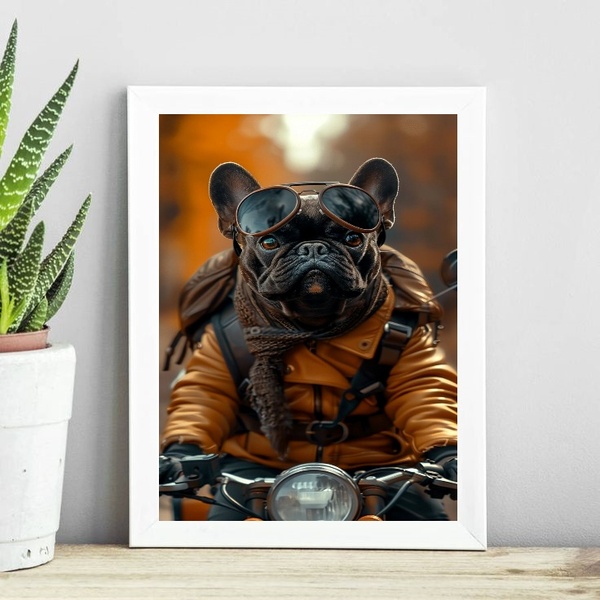 Quadro Bulldog Francês Motociclista 45x34cm - Com Vidro Moldu