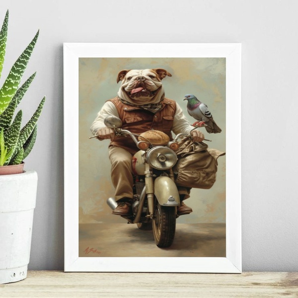 Quadro Bulldog Motociclista 24x18cm - Com Vidro Moldura:madei