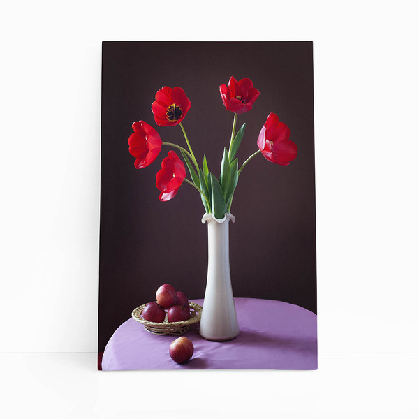 Quadro Buquê De Tulipas Vermelhas Com Maçãs Canvas 60x40cm