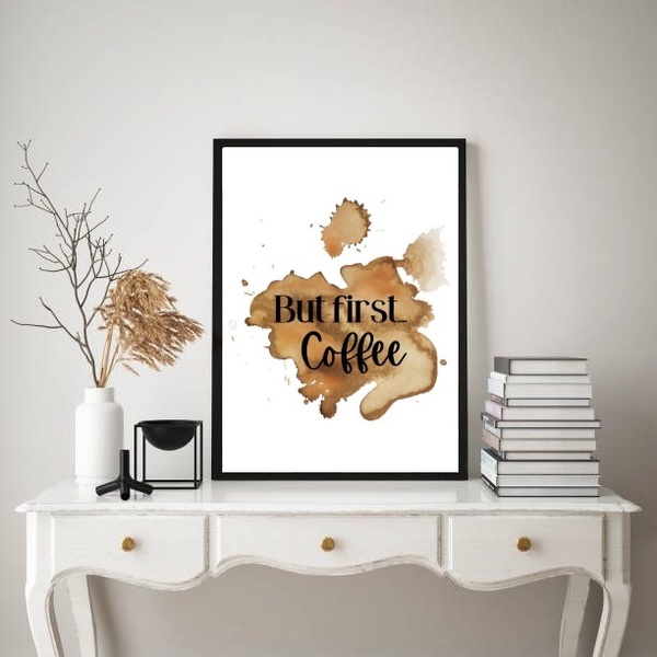 Quadro But First Coffee - Aquarela 24x18cm Moldura Branca