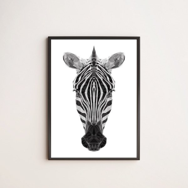 Quadro Cabeça De Zebra Geométrica 33x24cm - Com Vidro Moldura