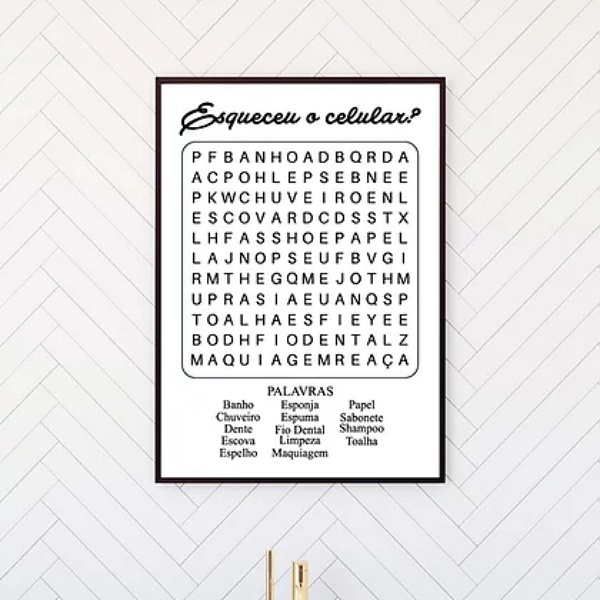 Quadro Caça Palavras Para Banheiro 45x34cm - Com Vidro Moldur