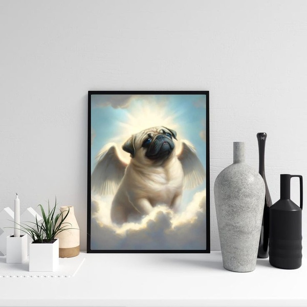 Quadro Cachorrinho Pug Com Asas 45x34cm Moldura:madeira Branca