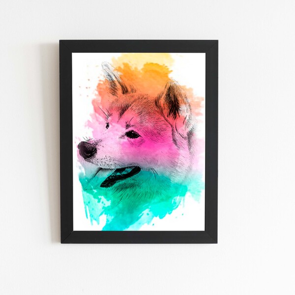 Quadro Cachorro Akita Inu Aquarela Moldura 20x30cm