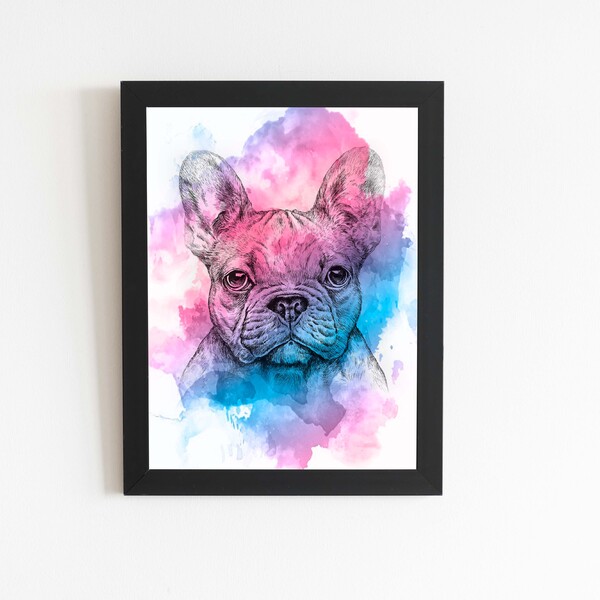 Quadro Cachorro Buldogue Francês Moldura Aquarela 20x30cm