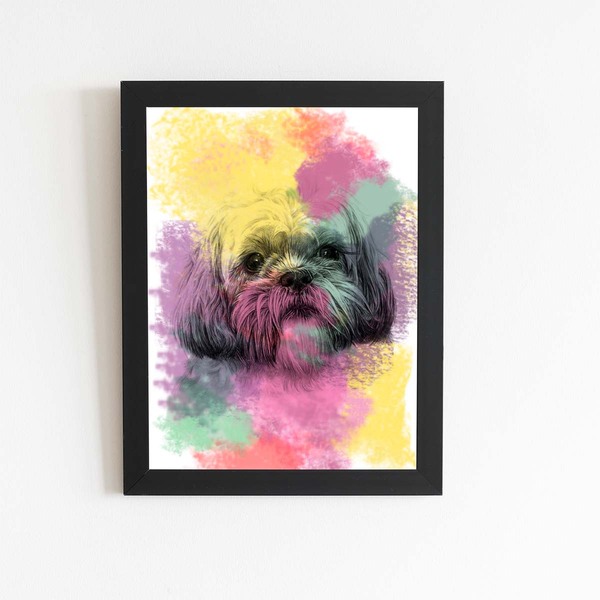 Quadro Cachorro Maltês Tinta Aquarela Moldura 60x40cm