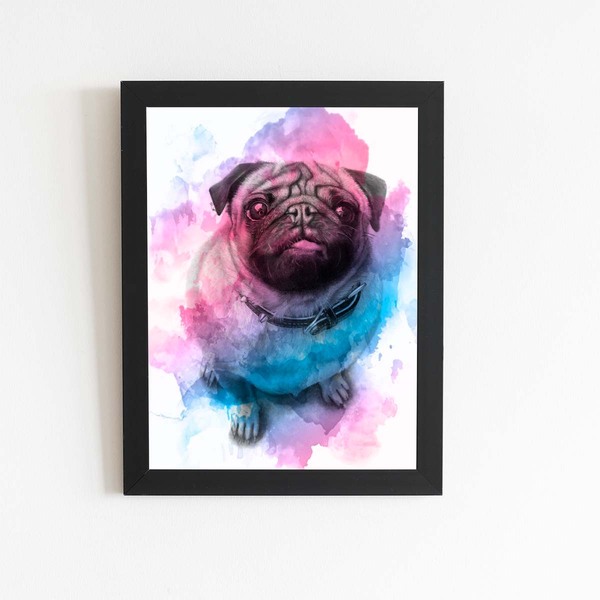Quadro Cachorro Pug Cão Tinta Aquarela Moldura 20x30cm