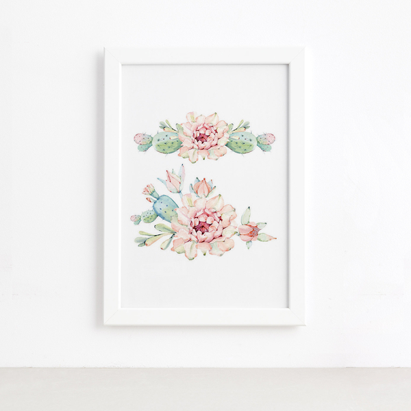 Quadro Cacto Flores Moldura Branca 22x32cm