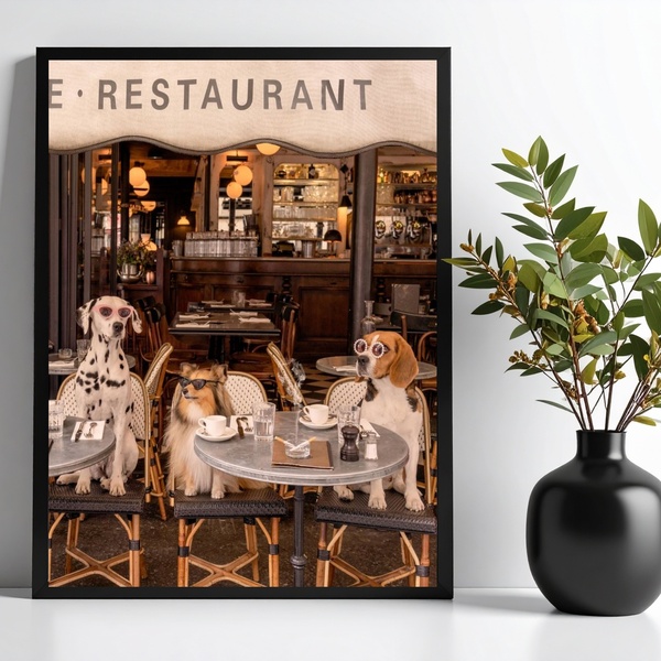 Quadro Cães Na Cafeteria Restaurante 24x18cm - Com Vidro Mold
