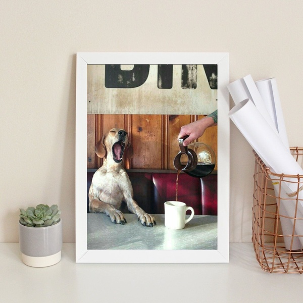 Quadro Café Cachorrinho Cafeteria 45x34cm Moldura Branca