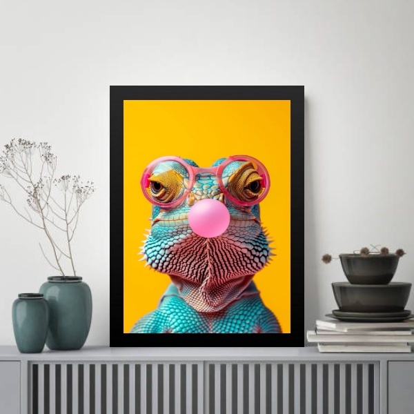 Quadro Camaleão Colorido Bubble Gum 45x34cm - Com Vidro Moldu