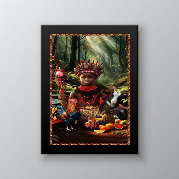 Quadro Candomblé - Eleggua Ritual 45x34cm Moldura Branca