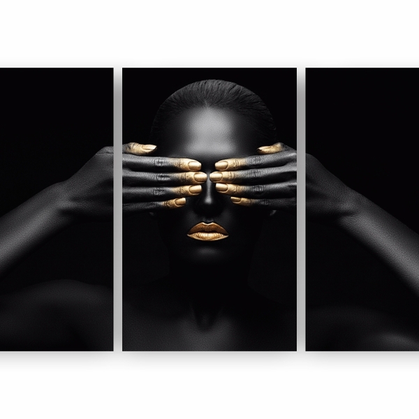 Quadro Canvas Premium Mulher Preta Mãos Douradas 125x65cm