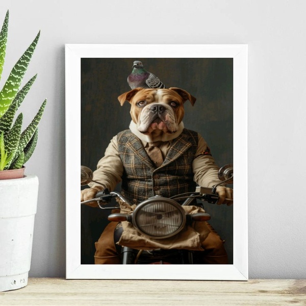 Quadro Cão Boxer Motociclista 33x24cm Moldura:madeira Preta