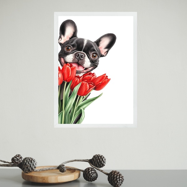 Quadro Cão Bulldog Francês Com Flores Tulipas 45x34cm Moldura