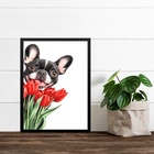 Quadro Cão Bulldog Francês Com Flores Tulipas 45x34cm Moldura